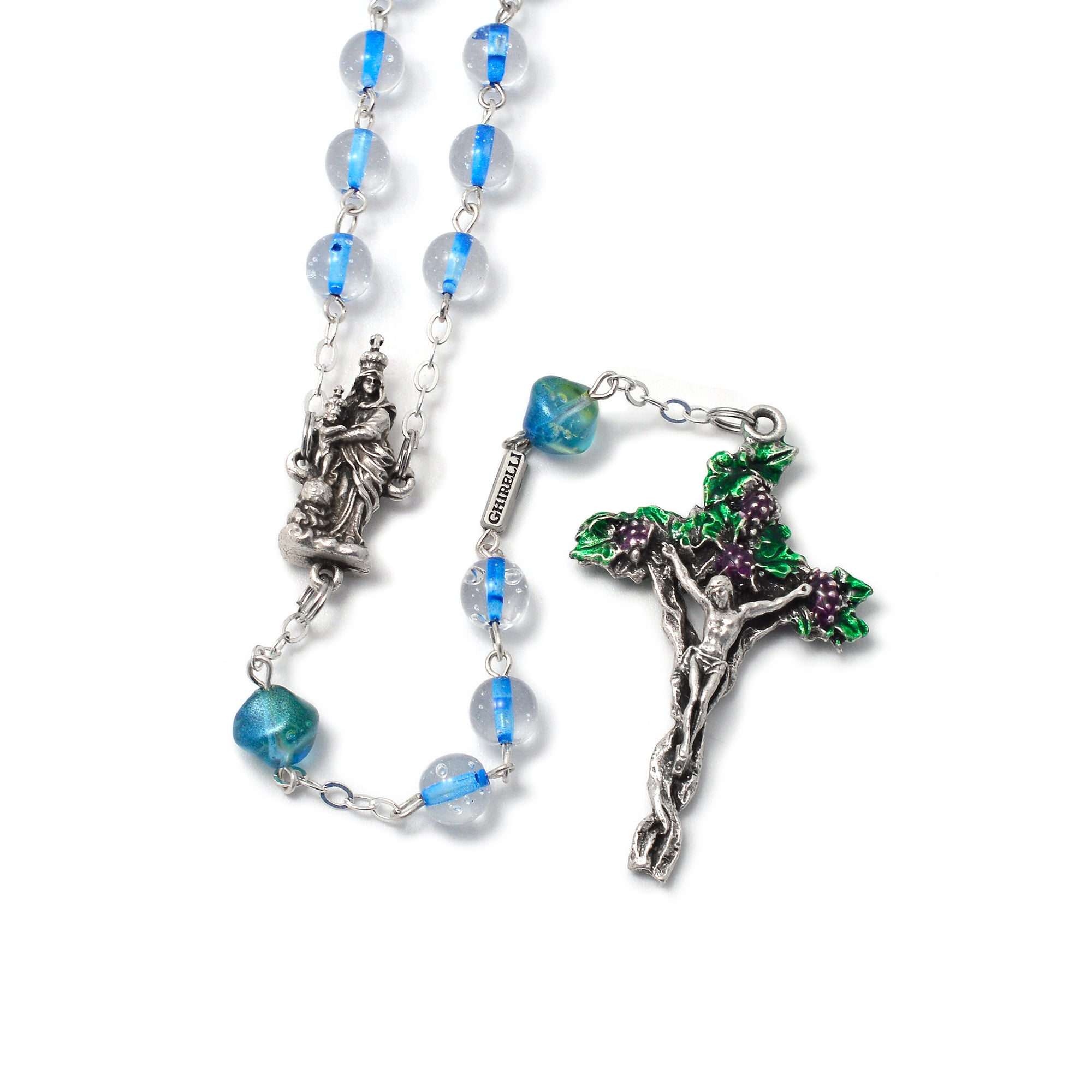 Our Lady of Victories artistic rosary with 100% recycled Bohemia glass beads